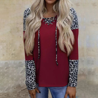 Blusa informal suelta con costuras de manga larga y estampado de leopardo para mujer