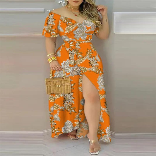 Floral Print Split Thigh Belted Wrap Maxi Dress