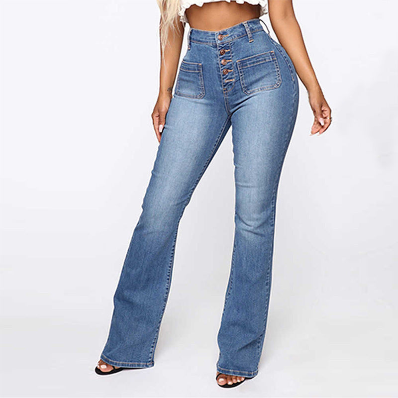 Women Patch Pocket Washed Ladies High Waist Denim Trousers