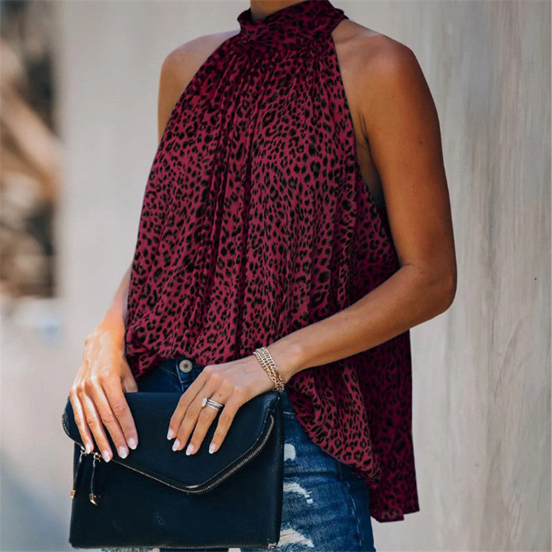 Top de chifón con estampado de leopardo y cuello halter estampado para mujer