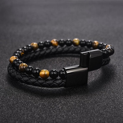 Men's Double Layer Stainless Steel Black Buckle Braided Bracelet