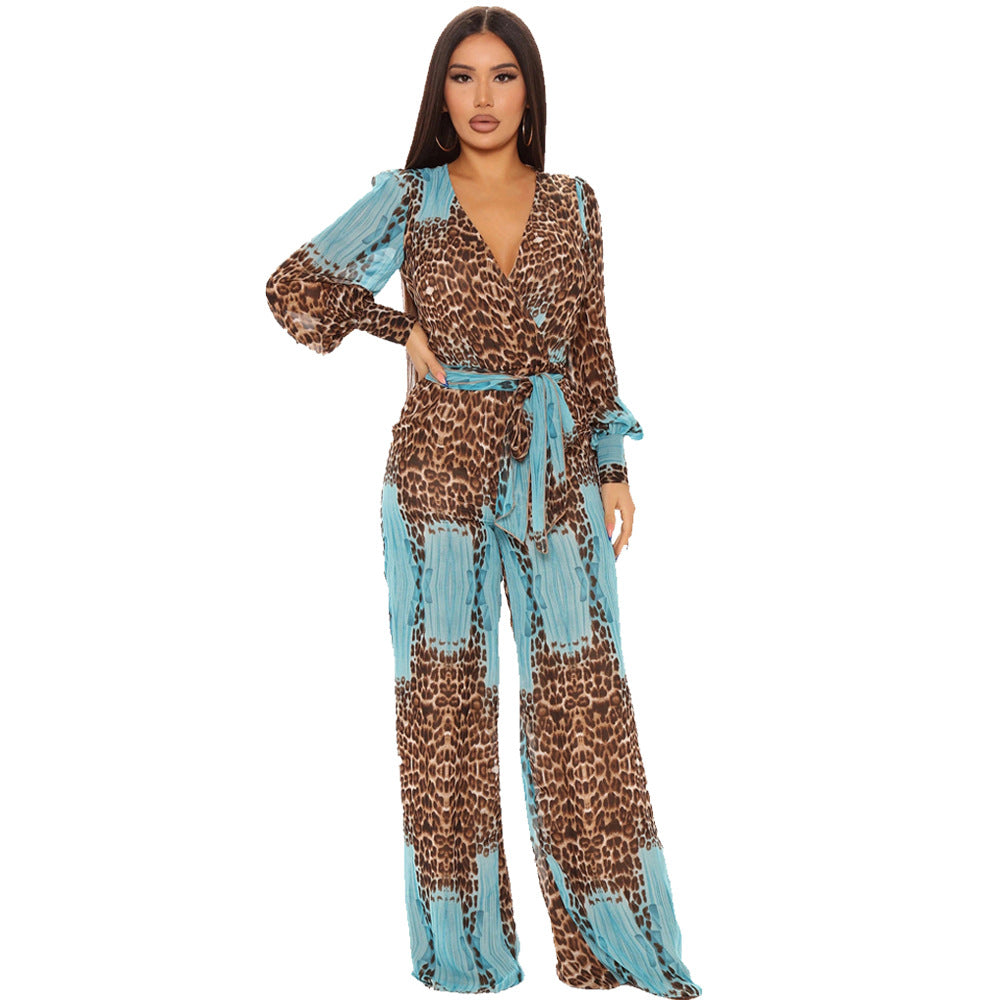 Fashion Digital Printing Long V-neck Chiffon Jumpsuit