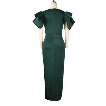 Robe de soirée grande taille verte coupe slim pour femme avec pointes fourchues