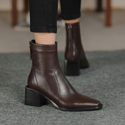 Women's Leather Chunky Heel Square Toe Ankle Boots