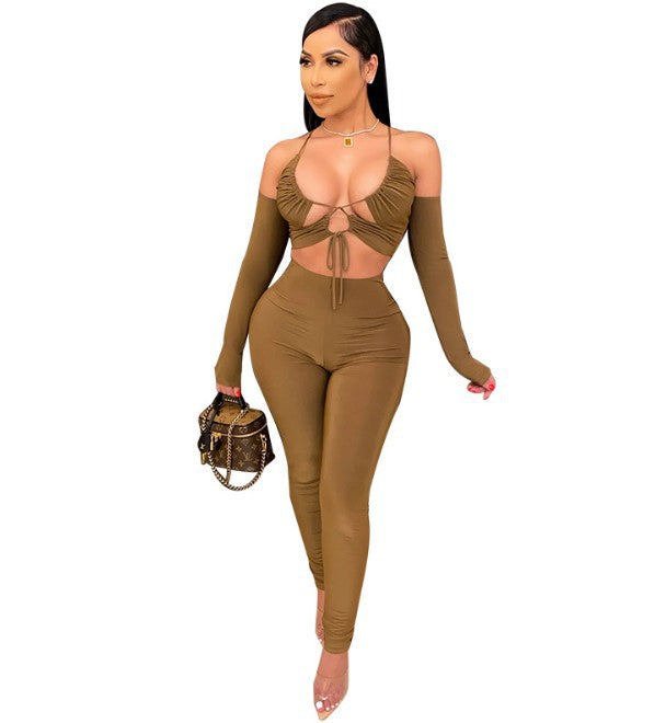 Lace-up Long-sleeve Tube Suspender Top Trousers Set