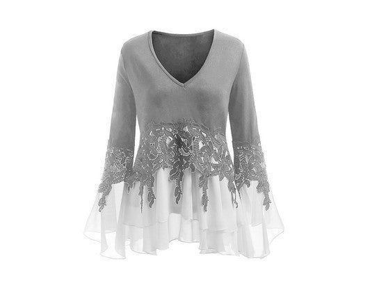 Chiffon Lace Panel Irregular Lace Fringe Long Sleeves