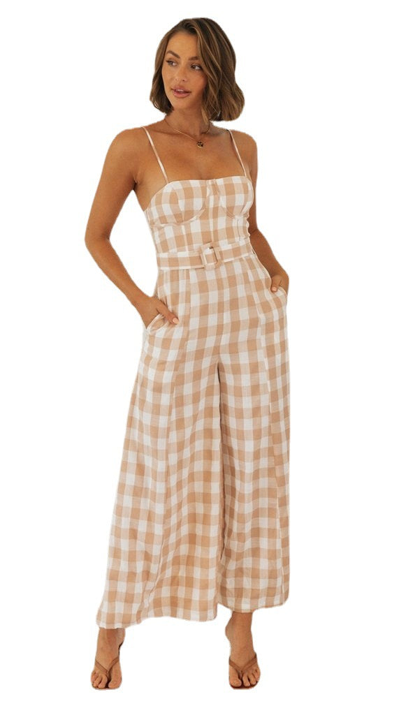 Spring And Summer Women's Fashion Plaid Suspender Jumpsuit