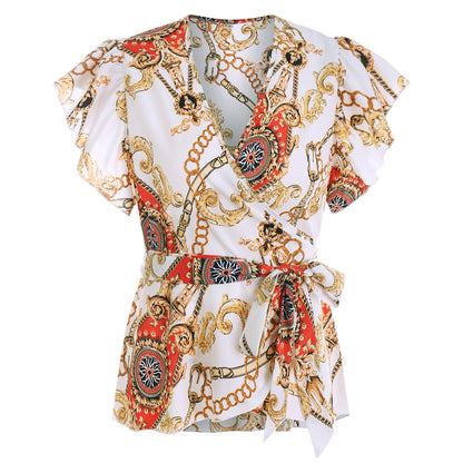 Women's V-Neck Ruffled Fly Sleeve Print Chiffon Shirt Top