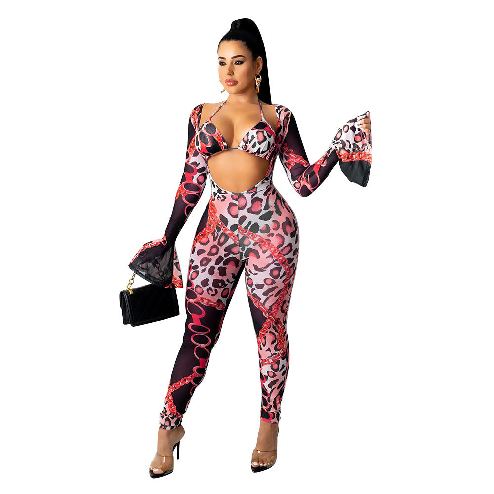 Women's  Nightclub Tight Mesh Perspective Digital Printing Casual Suit