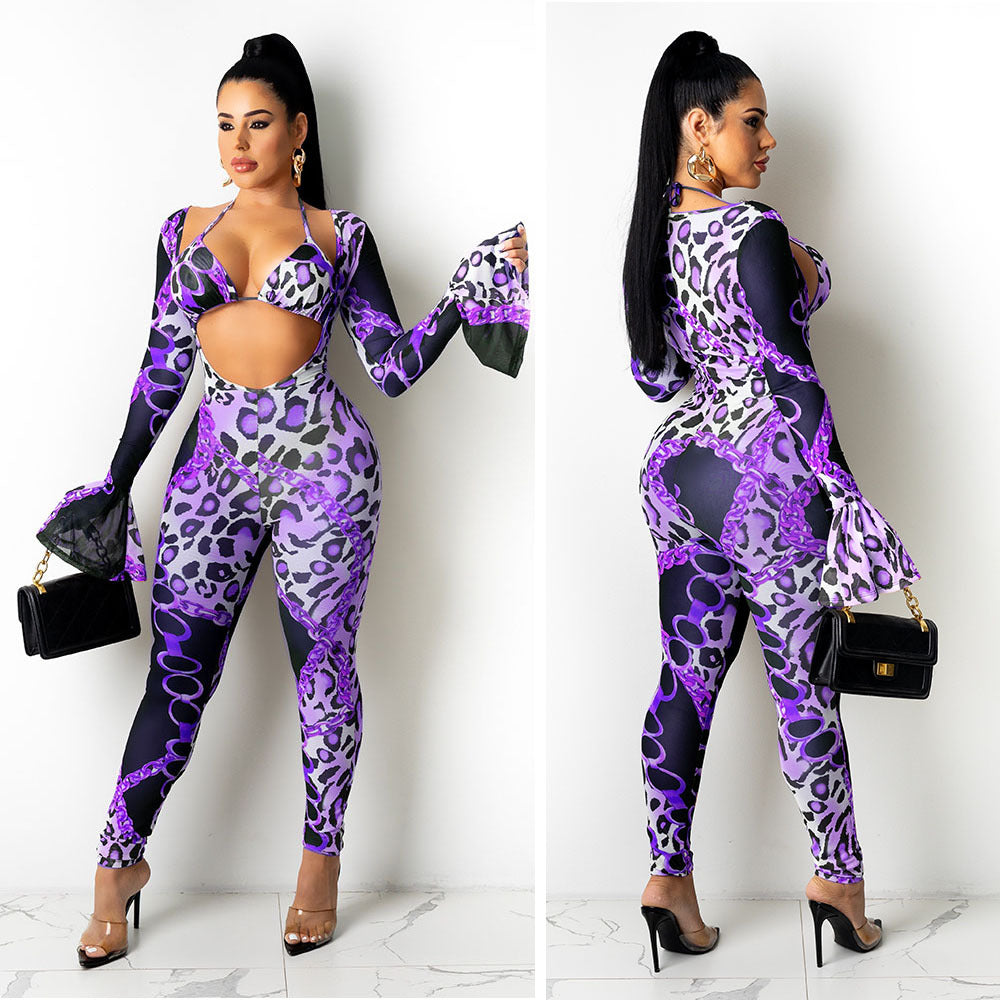 Women's  Nightclub Tight Mesh Perspective Digital Printing Casual Suit