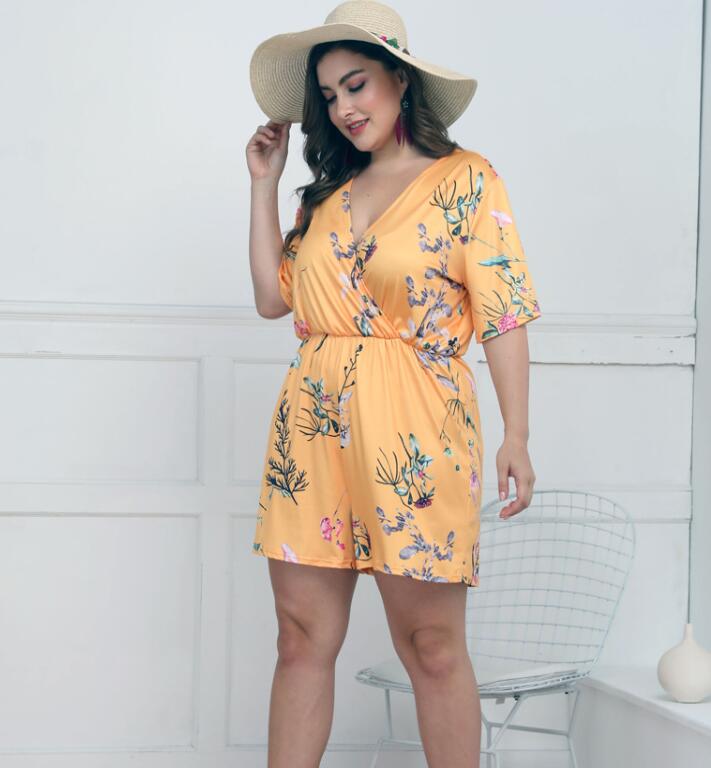 Mamelucos casuales de cintura de manga corta con estampado de V profundo para mujer