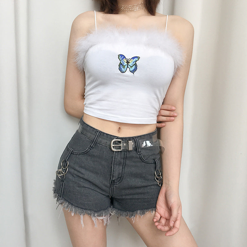 Plume Patchwork mignon Harajuku haut court femmes coloré papillon Appliques doux Spaghetti sangle Cami haut