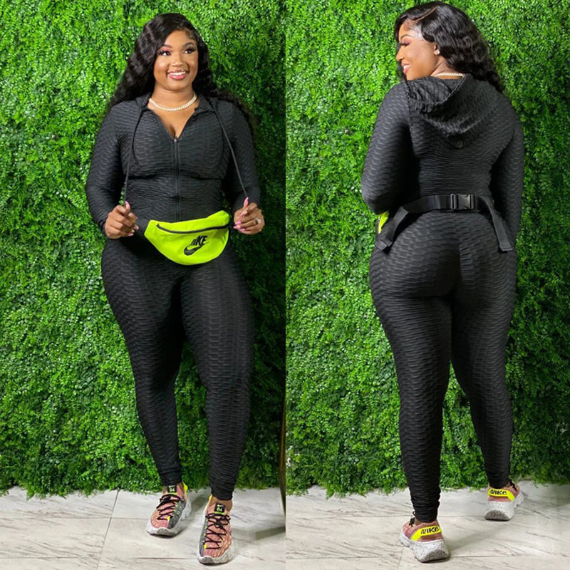 Solid Color Women Plus Size Two Piece Sport Set