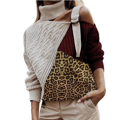 Winter women sweater leopard stitching sweater