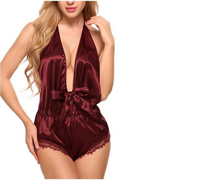 Deep V-neck pajamas halter neckless one-piece