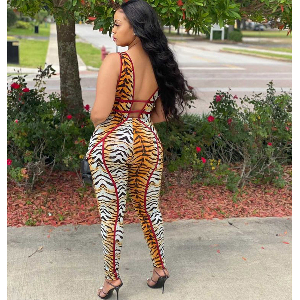 Fashion Skinny Print Tiger Cutout Sleeveless Jumpsuit