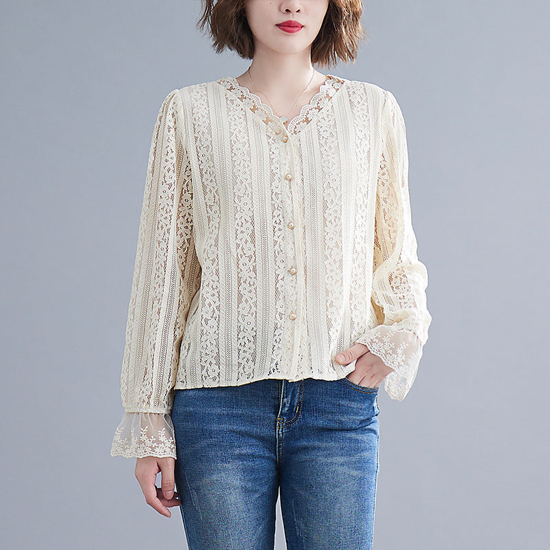 Camisa de encaje suelta y delgada con cuello en V para mujer