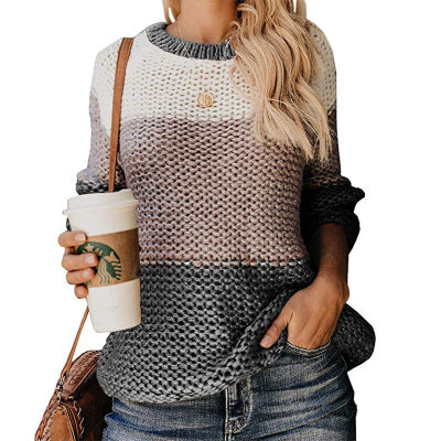 Women Thick Line Color Matching Pullover Sweater