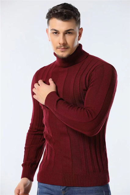 Suéter casual de rayas cálidas de color sólido con cuello alto para hombres