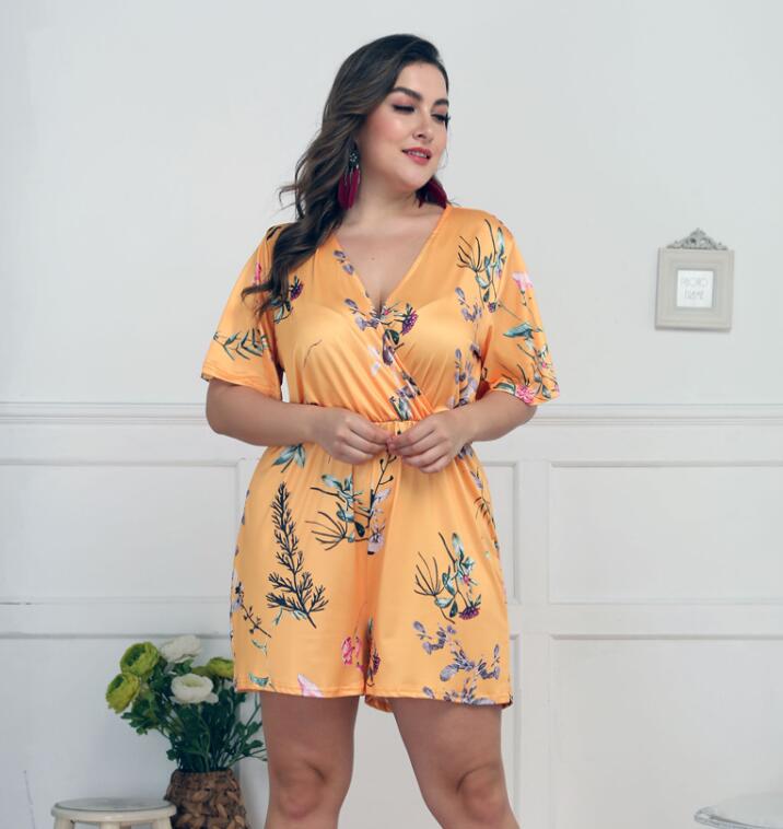 Mamelucos casuales de cintura de manga corta con estampado de V profundo para mujer