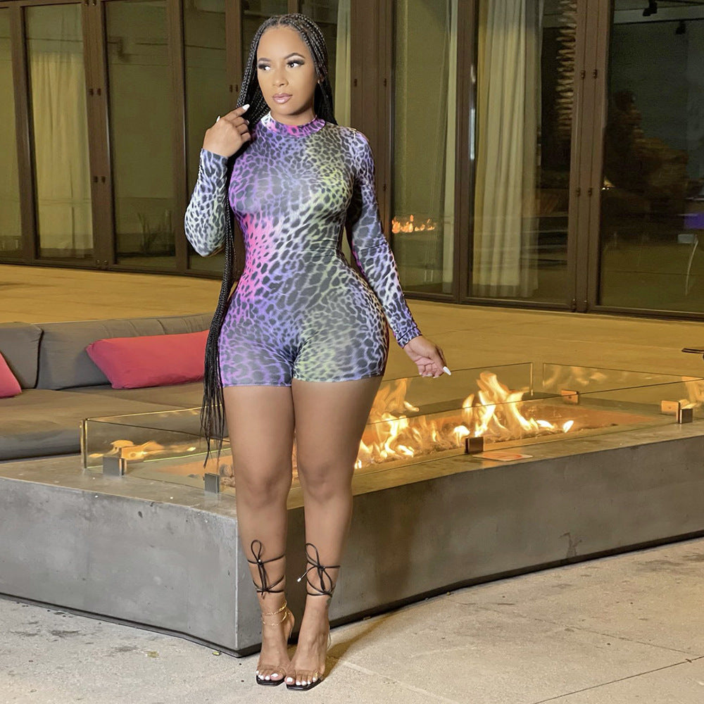 Mono sexy de manga larga con estampado de leopardo delgado