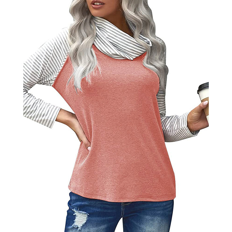 Camiseta de manga larga para mujer con cuello alto a rayas de moda superior