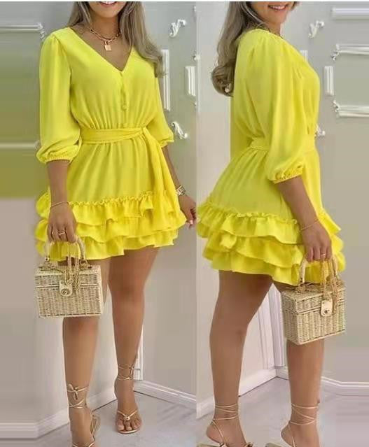 Robe à volants bleu marine à col en V pour femme