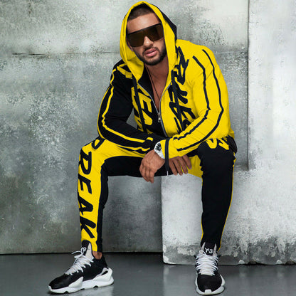 Men's Sports Suit Hooded Letters Color Matching Zipper Cardigan