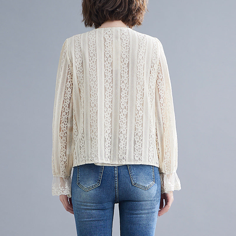 Camisa de encaje suelta y delgada con cuello en V para mujer