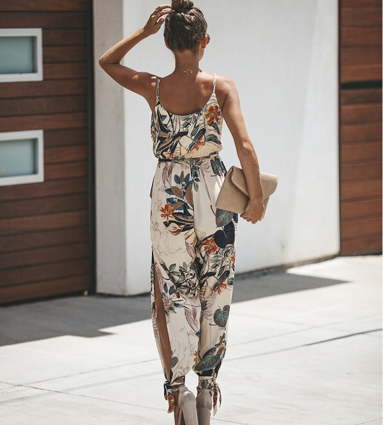 Printed Backless Tether pocket Sling V-neck Jumpsuit