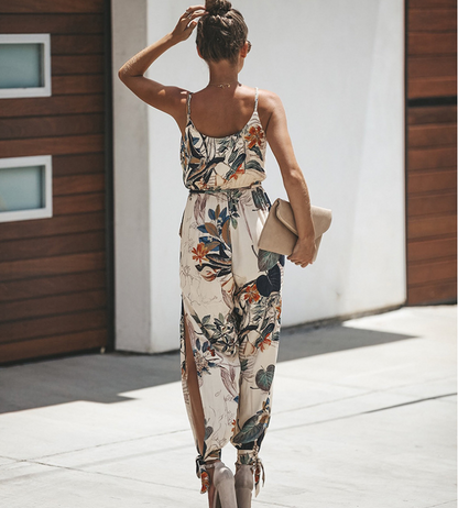 Printed Backless Tether pocket Sling V-neck Jumpsuit