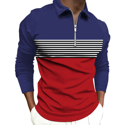 Striped Black Raglan Printed Simple Zipper Lapel Long Sleeve Polo Shirt