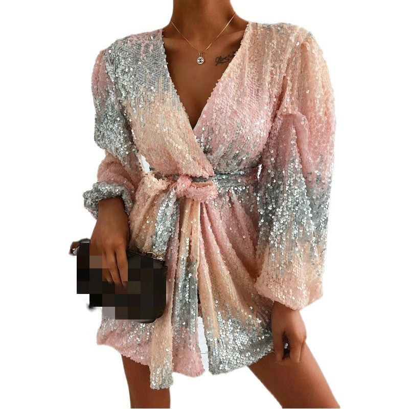 Women's Fashion Sequin V-neck Lace Dress