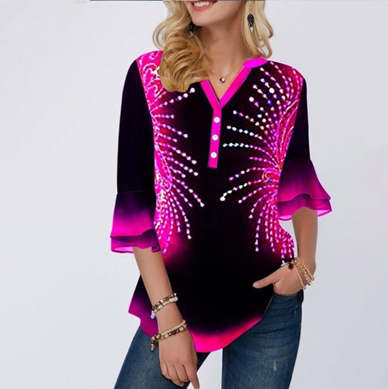 V-neck Print Flared Sleeve Chiffon Top