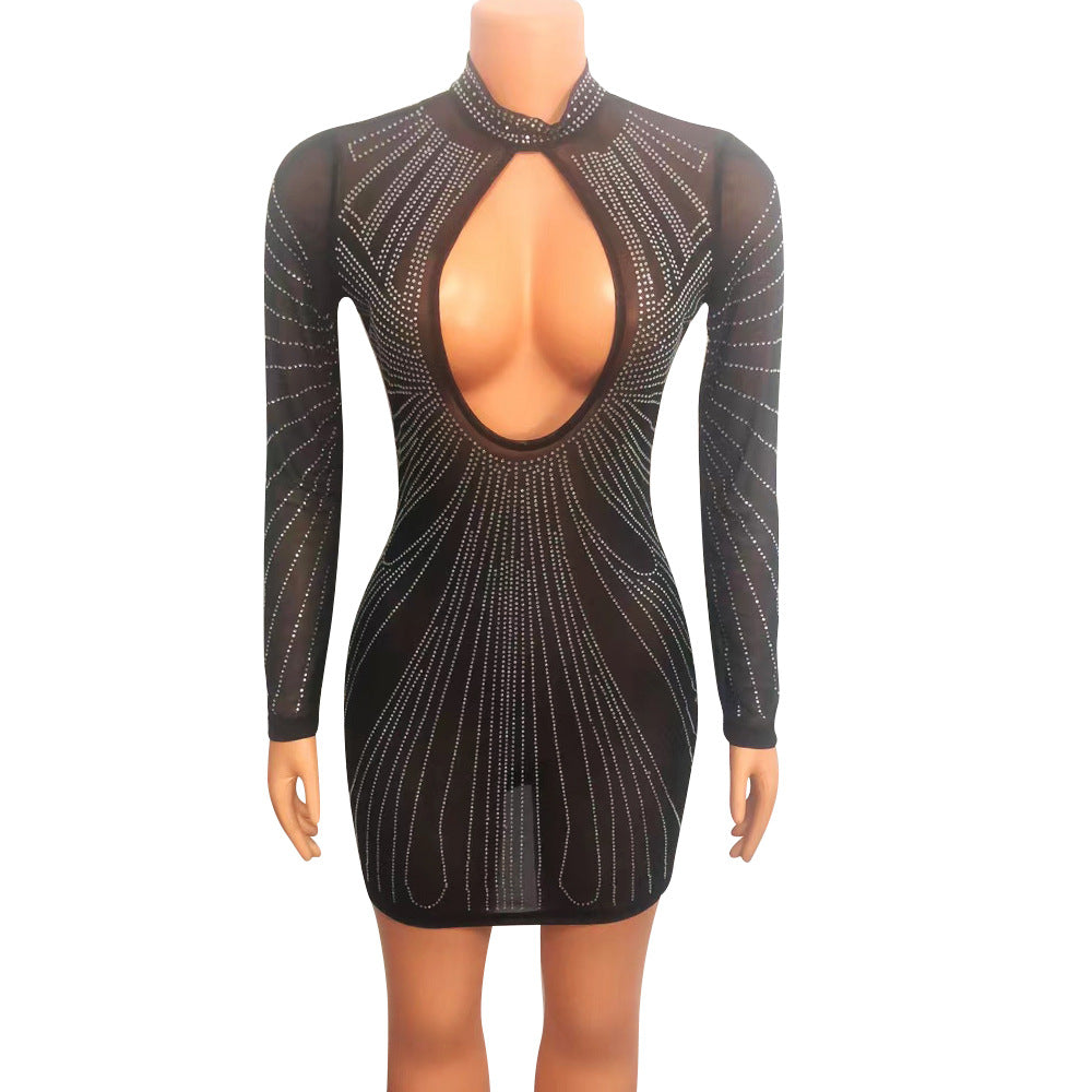 Fashion Mesh See-Through Hot Strass Robe creuse à dos ouvert