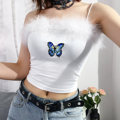 Plume Patchwork mignon Harajuku haut court femmes coloré papillon Appliques doux Spaghetti sangle Cami haut