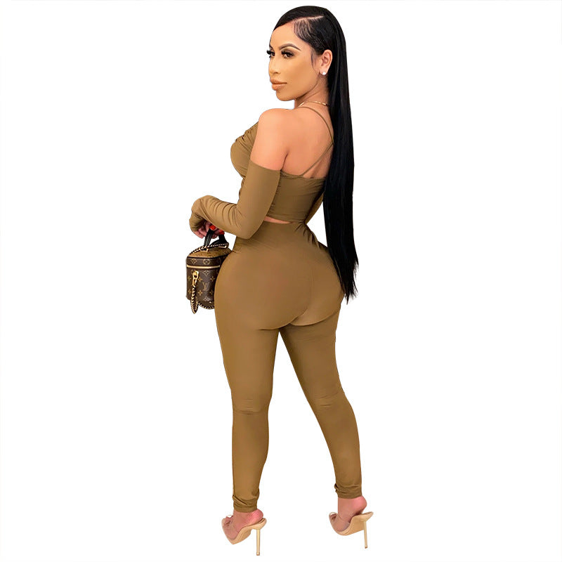 Lace-up Long-sleeve Tube Suspender Top Trousers Set