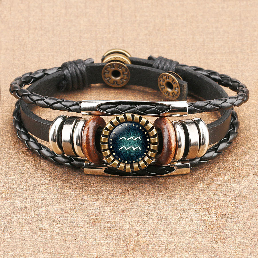 Pulsera de cuero de la gema del tiempo del zodiaco de la moda