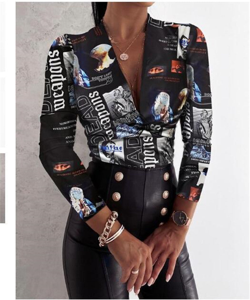 Blusa de mujer con estampado de leopardo y cuello en V de manga larga