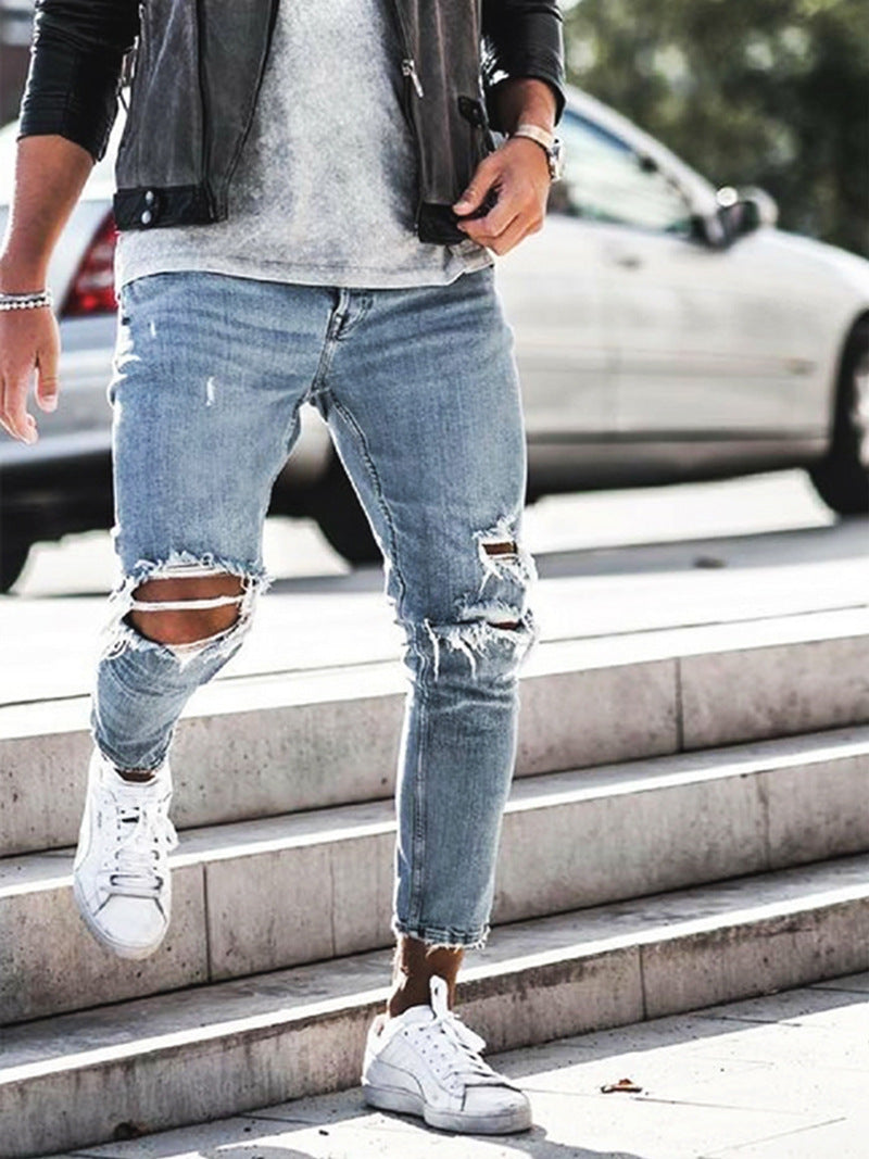 Jeans décontractés en denim déchiré pour hommes