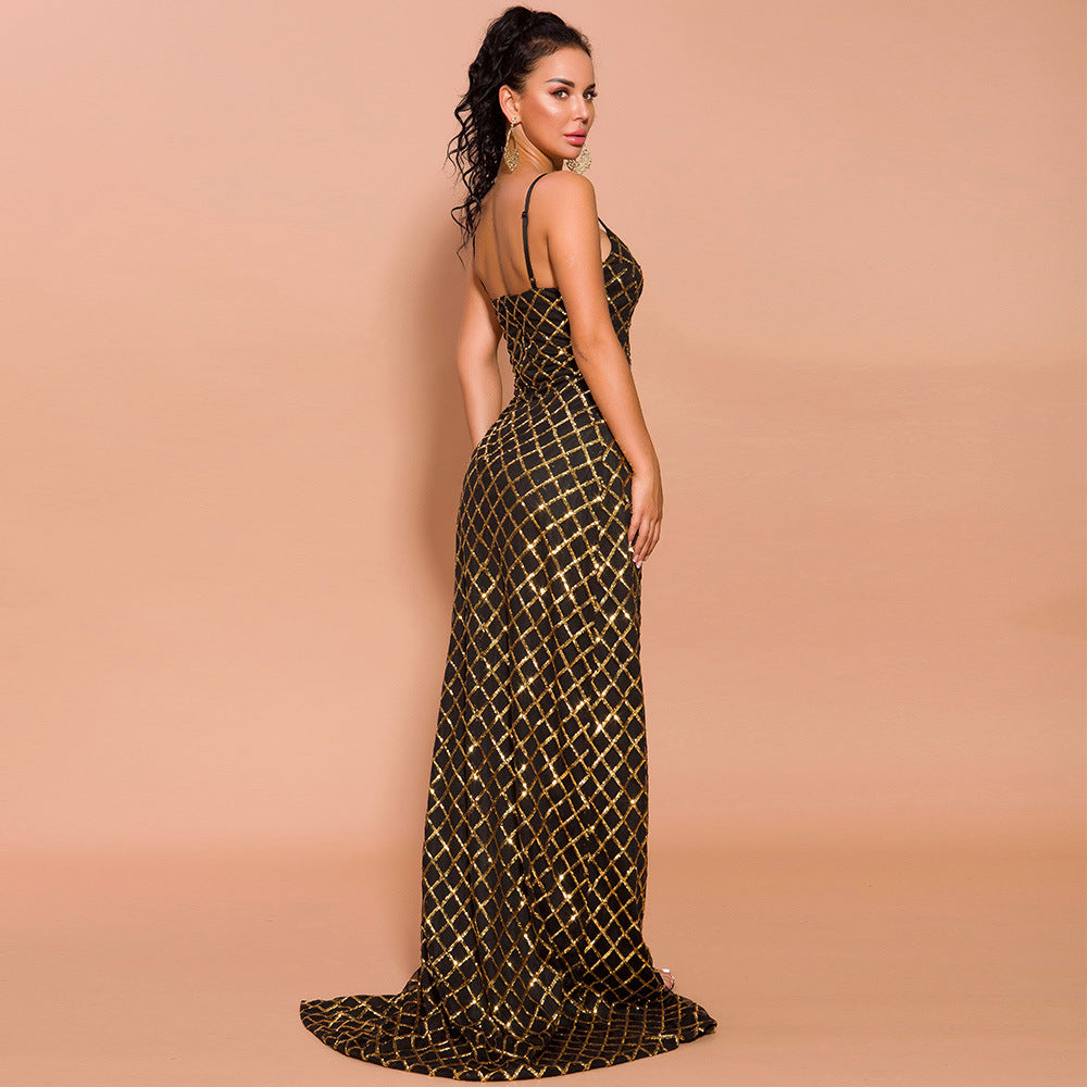 Strapless Plaid Sequined Evening Dress