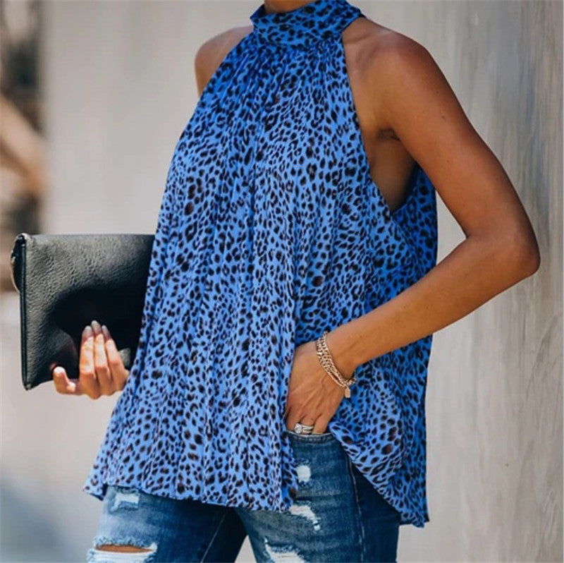 Top de chifón con estampado de leopardo y cuello halter estampado para mujer