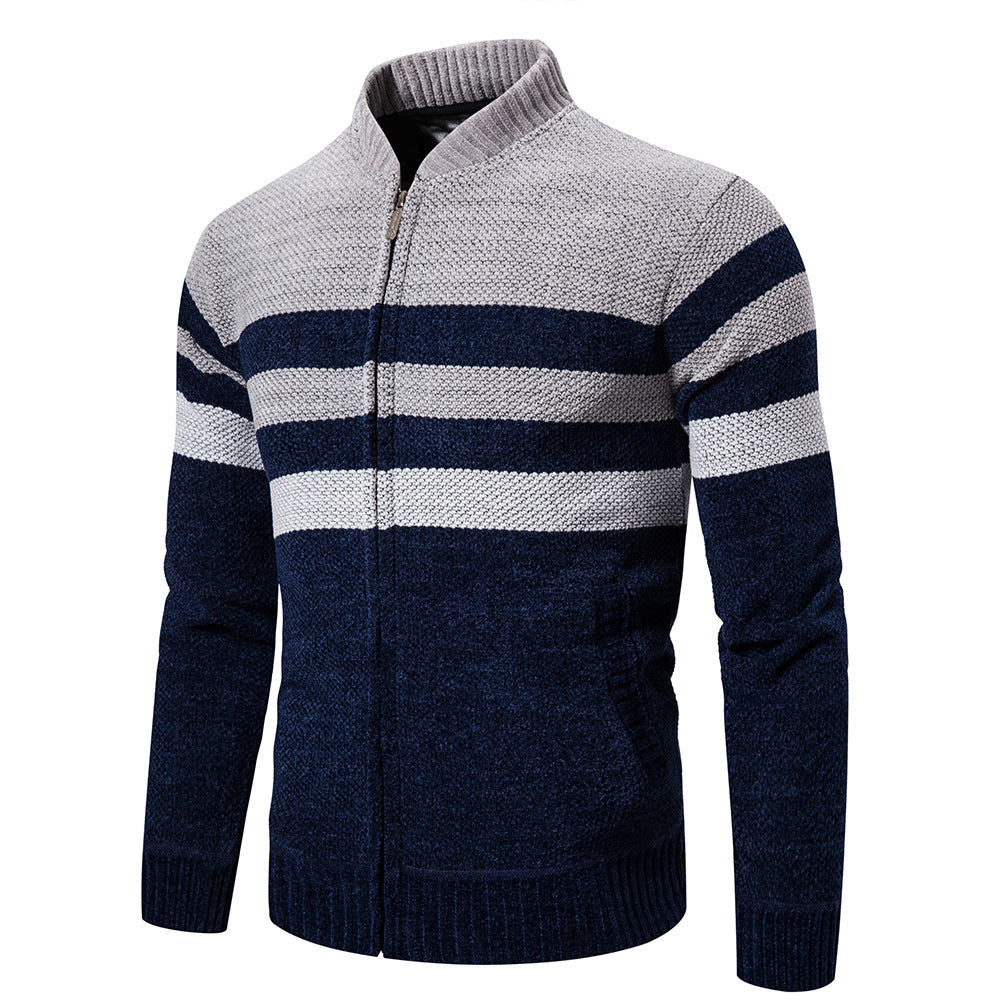 Casual Sweater Men Stand Collar Striped Color Matching Long Sleeves