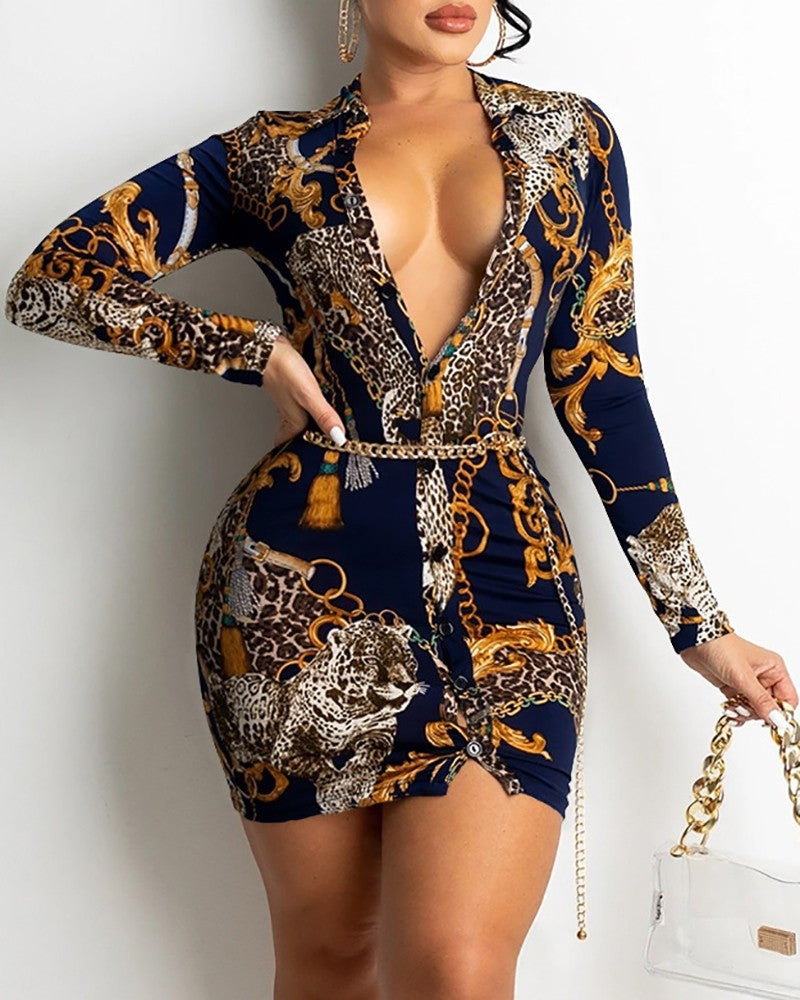 Printed V-neck Long-sleeved Midi Dress