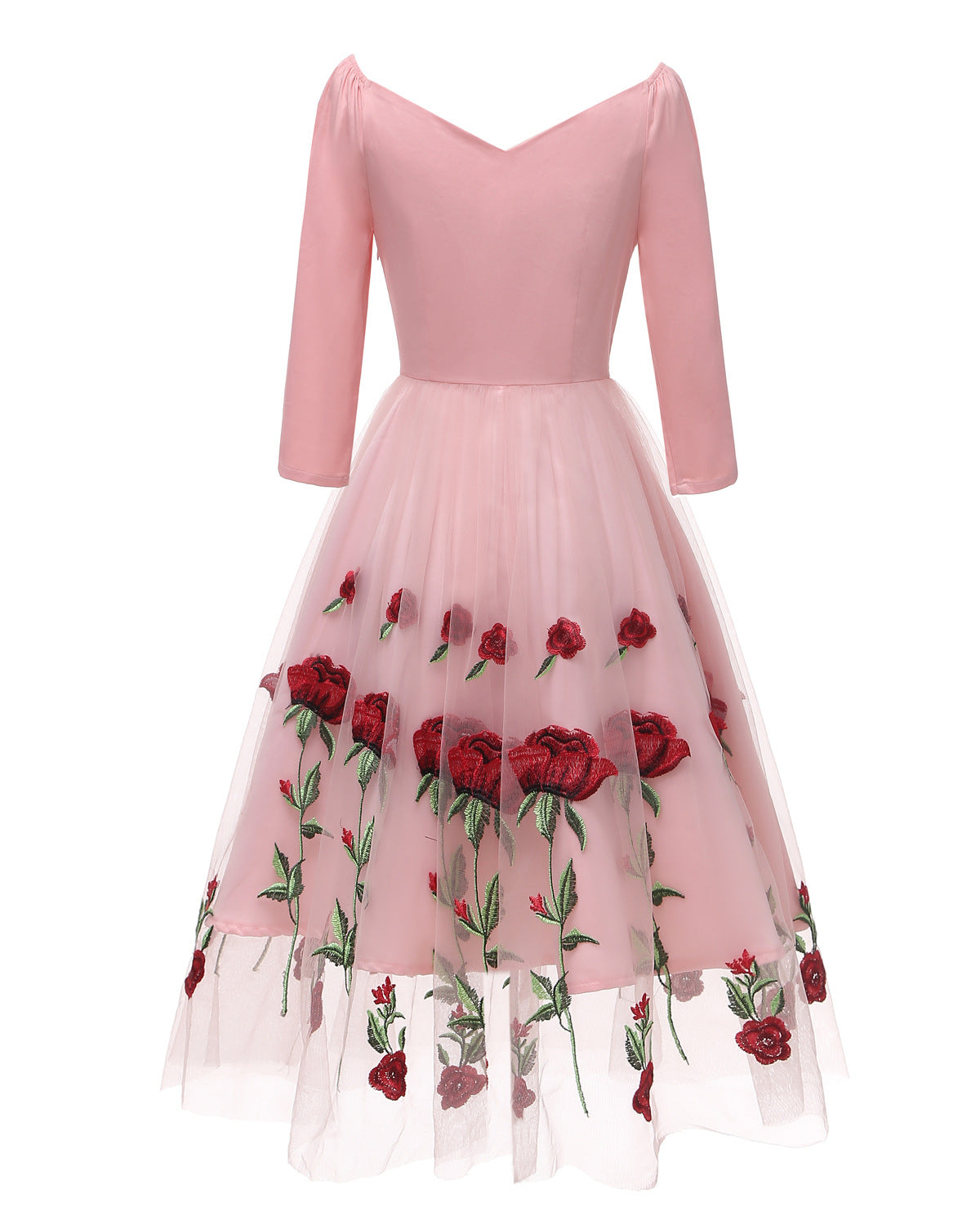 Evening Party Dress Embroidered Rose Lace Mesh Dress