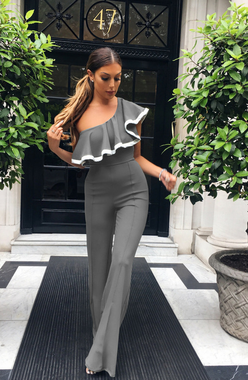 Women's new sexy jumpsuit ruffled color matching one-piece wide-leg pants