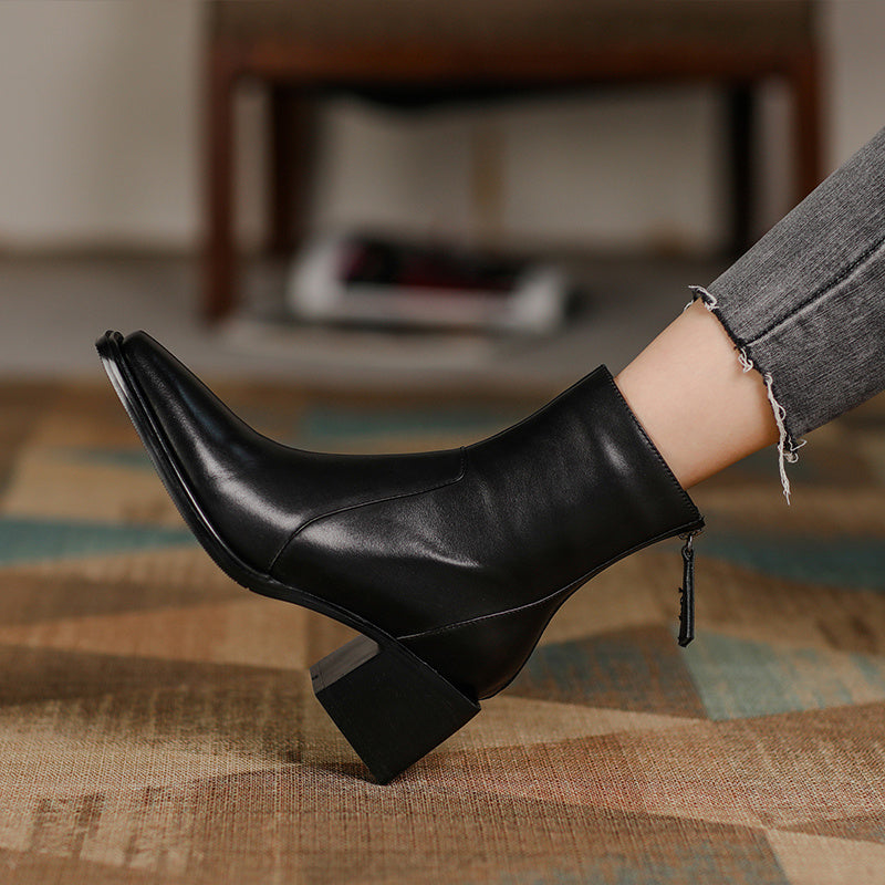 Women's Leather Chunky Heel Square Toe Ankle Boots