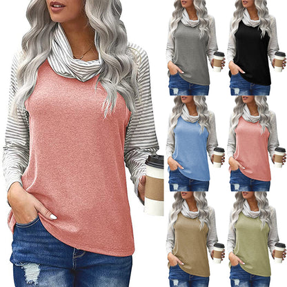 Camiseta de manga larga para mujer con cuello alto a rayas de moda superior