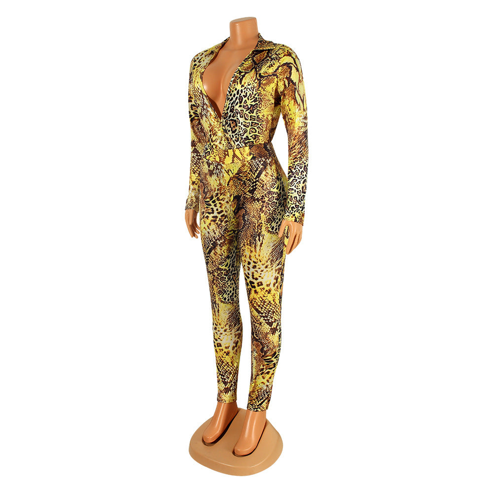 Snake Print Digital Print Long-Sleeved Skinny Jumpsuit