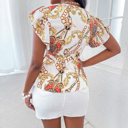 Women's V-Neck Ruffled Fly Sleeve Print Chiffon Shirt Top